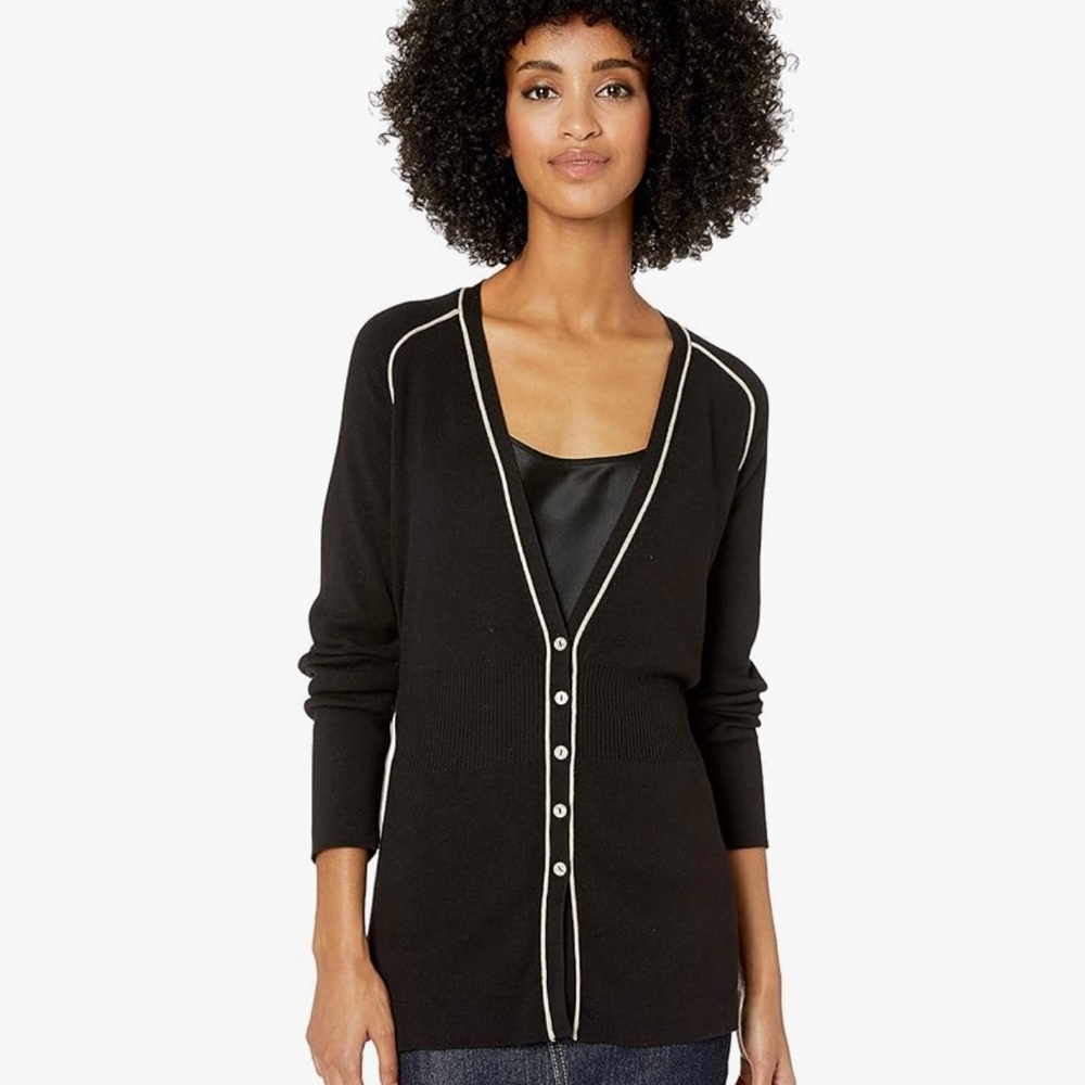 NIC+ZOE Cream and Black Cardigan Sweater with Long Sleeves and Relaxed Fit